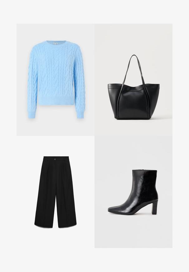 Pull en maille bleu clair avec un motif de torsades, col rond et poignets et ourlet côtelés. Texture douce et coupe décontractée.; Pantalon noir taille haute sur mesure avec plis sur le devant, fermeture par un bouton unique et passants de ceinture, présenté sur un fond gris clair.; Bottine noire en cuir brillant, avec un bout pointu et un talon carré moyen, présentant une texture lisse et un design simple.; Sac cabas en cuir noir avec deux longues anses et un bord supérieur légèrement incurvé, présenté sur un fond clair uni.