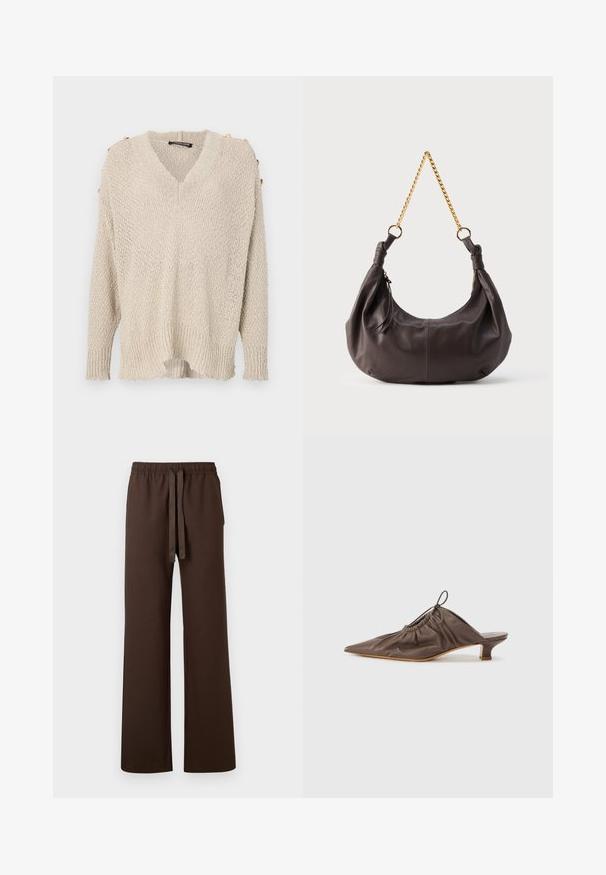 Beige strikket sweater med V-udskæring, drop shoulder design og ribbet kant. Har guldknapper på skuldrene og et løst, struktureret stof.; Brune breddebenbukser med elastisk talje og justerbar snøre. Har sidelommer og en glat tekstur.; Brun læder mule med spids tå, samlet tekstur, lille hæl og en snorede accent ved åbningen. Glat finish.; Blød, mørkebrun skuldertaske i læder med knyttede ender og en kort guldkæde som rem, mod en enkel lys baggrund.