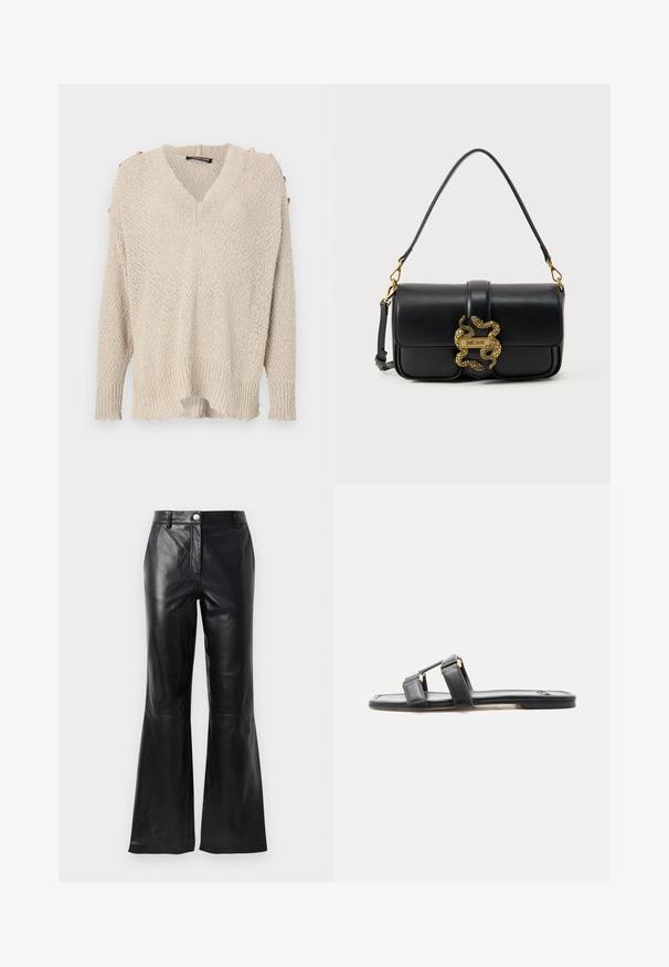 Beige strikket sweater med V-udskæring, drop shoulder design og ribbet kant. Har guldknapper på skuldrene og et løst, struktureret stof.; Sorte faux læderbukser med høj talje, knaplukning, bæltesløjfer og flagrende ben foran en hvid baggrund.; Flad sort slidesandal med to justerbare dobbelte stropper og detaljer i guldspænder, set fra siden på hvid baggrund.; Sort skuldertaske i læder med guldfarvet dobbelt slange-lås og "Just Cavalli" logo på frontklappen.
