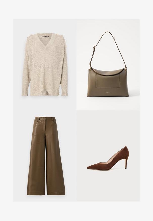 Suéter de punto beige con escote en V, diseño de hombros caídos y dobladillo acanalado. Cuenta con botones dorados en los hombros y una tela suelta y texturizada.; Pantalones de pierna ancha hechos de suave cuero sintético marrón. Presentan una cintura alta, cuatro bolsillos y una cremallera frontal. Textura lisa y diseño minimalista.; Zapato de tacón alto de ante marrón con punta afilada y tacón de aguja delgado sobre fondo blanco.; Bolso de mano de cuero color verde oliva con una superficie texturizada, cierre de solapa y correa ajustable. Presenta un bolsillo frontal y herrajes en tono dorado.