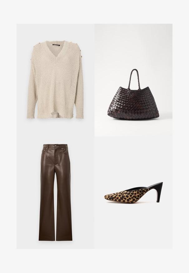 Suéter de punto beige con escote en V, diseño de hombros caídos y dobladillo acanalado. Cuenta con botones dorados en los hombros y una tela suelta y texturizada.; Pantalones de cuero marrón acampanados con una textura suave, diseño de cinco bolsillos, cremallera frontal y cierre de botón de metal, con una cintura alta.; Zapato mule de punta afilada con parte superior con estampado de leopardo y tacón stiletto negro de altura media sobre fondo blanco liso.; DRAGON DIFFUSION SANTA CROCE BIG - Bolso de mano - dark brown