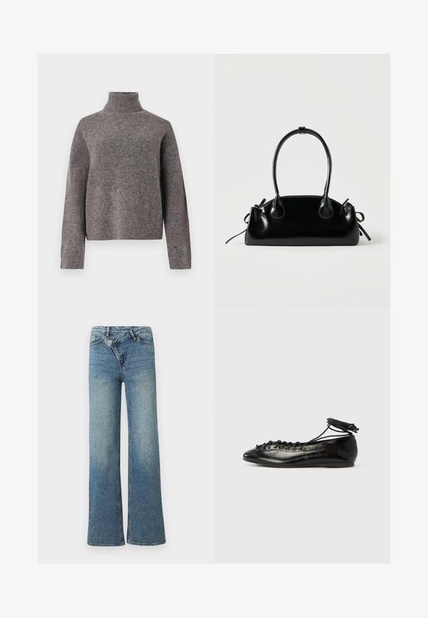 Grijze coltrui gemaakt van zachte breimateriaal, met lange mouwen en een relaxte pasvorm, met ribbeltextuur bij de manchetten en de zoom.; Lichtblauwe denim wijduitlopende jeans met een hoge taille, lichte vervaging en een knoopsluiting aan de voorkant. Voorzien van vijf zakken en minimale stiksels.; Zwarte ballerina's van lakleer met een afgeronde neus, veterdesign en een platte zool. Glad oppervlak met minimale details.; Kleine zwarte glanzende handtas met twee lange hengsels en zijkant trekkoord details op een effen lichte achtergrond.