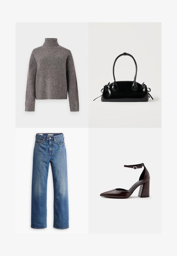 Grå turtleneck sweater lavet af blødt strikket materiale, med lange ærmer og en afslappet pasform, samt ribbet tekstur ved manchetten og kanten.; Lyseblå denimjeans med høj talje, bred benstil, klassisk fem-lomme design og subtil falmning på stoffet.; Mørkebrunt læder pumps med spids tå, høj hæl, ankelrem og sølvspænde på hvid baggrund.; Lille sort blank håndtaske med to lange håndtag og snøre-detaljer i siden på en ensfarvet lys baggrund.