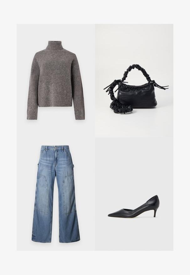Grå turtleneck sweater lavet af blødt strikket materiale, med lange ærmer og en afslappet pasform, samt ribbet tekstur ved manchetten og kanten.; Good American GOOD EASE RELAXED - Jeans Relaxed Fit - indigo; Sort læderpumpe med spids tå og lav hæl. Har en glat tekstur og subtil glans. Åben udskæring foran for ekstra detalje.; Sort kunstlæder håndtaske med krokodilteksur, indsnøret top og en sammenkrøben rem. Ser blød og kompakt ud i designet.