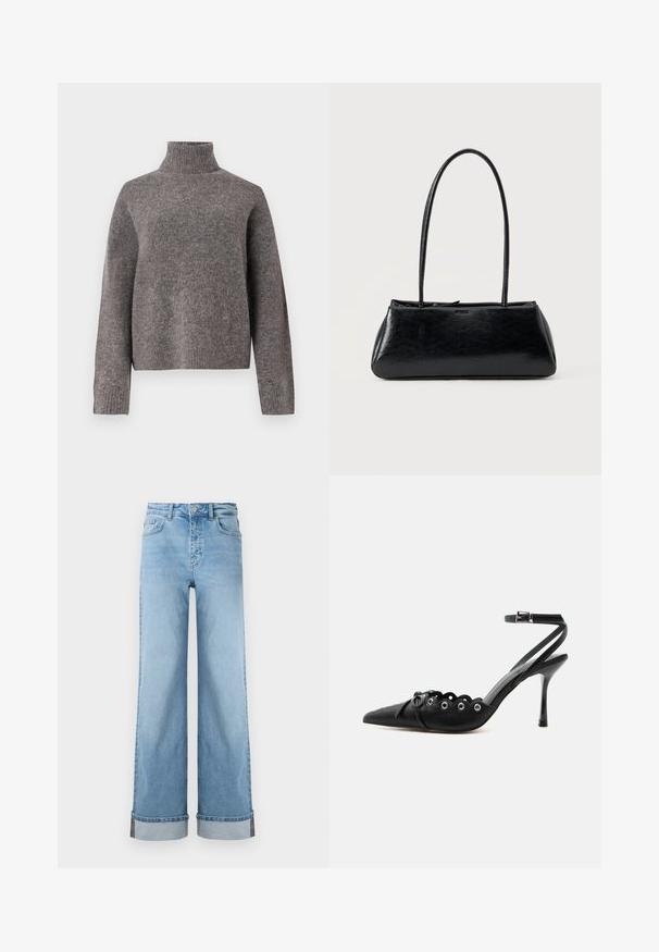 Grijze coltrui gemaakt van zachte breimateriaal, met lange mouwen en een relaxte pasvorm, met ribbeltextuur bij de manchetten en de zoom.; Lichtblauwe wijde jeans van klassieke denim met een hoge taille, voorzien van opgerolde zomen en zichtbare stiksels.; Zwarte pumps met hoge hak en spitse neus, gegolfde randen, metalen oogjes, vetergespsluiting aan de voorzijde en enkelriem met gespsluiting.; Zwarte rechthoekige schoudertas met lange dunne banden en een gladde, glanzende textuur op een effen achtergrond.