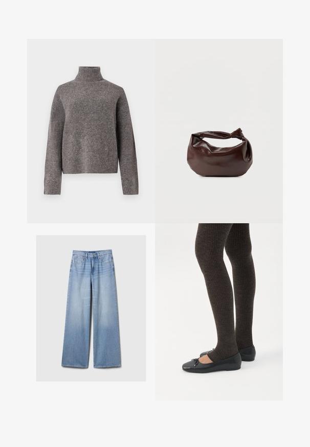 Pull à col roulé gris en tricot doux, avec des manches longues et une coupe décontractée, présentant une texture côtelée aux poignets et à l'ourlet.; Jeans en denim large de couleur bleu clair avec des poches avant, des passants de ceinture, et une fermeture à bouton et à zipper.; Jambes portant des leggings côtelés foncés associés à des ballerines noires avec de petits détails en nœud sur fond blanc.; Sac bandoulière en cuir marron foncé avec une forme souple et décontractée et une anse nouée torsadée sur un fond blanc uni.