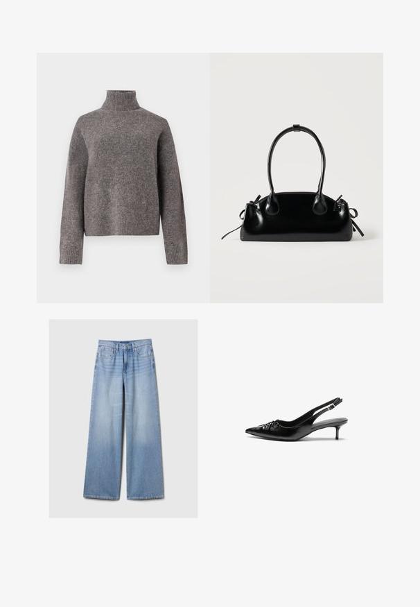 Šedý rolák vyrobený z jemného pleteného materiálu, s dlhými rukávmi a voľným strihom, s rebrovanou textúrou na manžetách a leme.; Svetlo modré džínsy voľného strihu s prednými vreckami, pútkami na opasok a zapínaním na gombík a zips.; Čierne kožené sandále na podpatku so špičatou špičkou, nízkym širokým podpätkom a nariaseným detailom na priehlavku. Hladká textúra a minimalistický dizajn.; Malá čierna lesklá kabelka s dvoma dlhými rúčkami a bočnými šnúrkovými detailmi na jednoduchom svetlom pozadí.