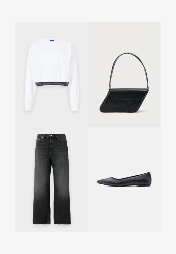 Valge lühendatud dressipluus pikkade varrukatega, soonikute äärtega ja musta vöökohtaga, millel on valge tekst "KARL LAGERFELD JEANS". Sile tekstuur.; Mustad denim püksid lõdva lõike, sirge sääre disainiga, pleekinud tekstuuriga, viie taskuga stiilis ning hõbedase nupukinnitusega vööl.; Must nahkjala kinga madala kontsaga, külgvaates valge tausta ees.; Mustast nahast kolmnurkse kujuga õlakott, reljeefse logoga ja ühe reguleeritava rihmaga. Minimalistlik disain ja sile tekstuur.
