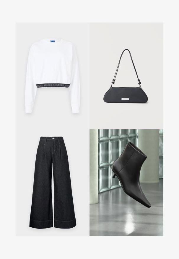 Sweatshirt blanc court avec manches longues, poignets côtelés et une taille noire arborant le texte "KARL LAGERFELD JEANS" en blanc. Texture lisse.; Pantalons en denim noirs à jambes larges avec une taille haute, dotés de plis frontaux, d'une fermeture à bouton et de surpiqûres contrastées aux ourlets.; Bottine en cuir noir avec bout pointu et petit talon, présentée devant un mur en blocs de verre et un sol poli.; Sac d'épaule en cuir noir avec une forme trapézoïdale allongée, une sangle réglable et une plaque de marque rectangulaire argentée à l'avant.