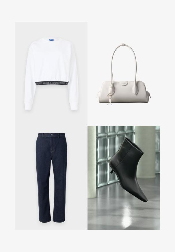 Sweatshirt blanc court avec manches longues, poignets côtelés et une taille noire arborant le texte "KARL LAGERFELD JEANS" en blanc. Texture lisse.; Jeans en denim bleu foncé avec une coupe droite, dotés d'une fermeture éclair, de poches avant et de coutures visibles dans une couleur contrastante.; Bottine en cuir noir à bout pointu et petit talon kitten, présentée en angle devant un sol poli et un mur en blocs de verre.; Sac à bandoulière blanc Calvin Klein avec longues poignées, forme rectangulaire, fermeture éclair et charm logo décoratif suspendu près de la poignée.
