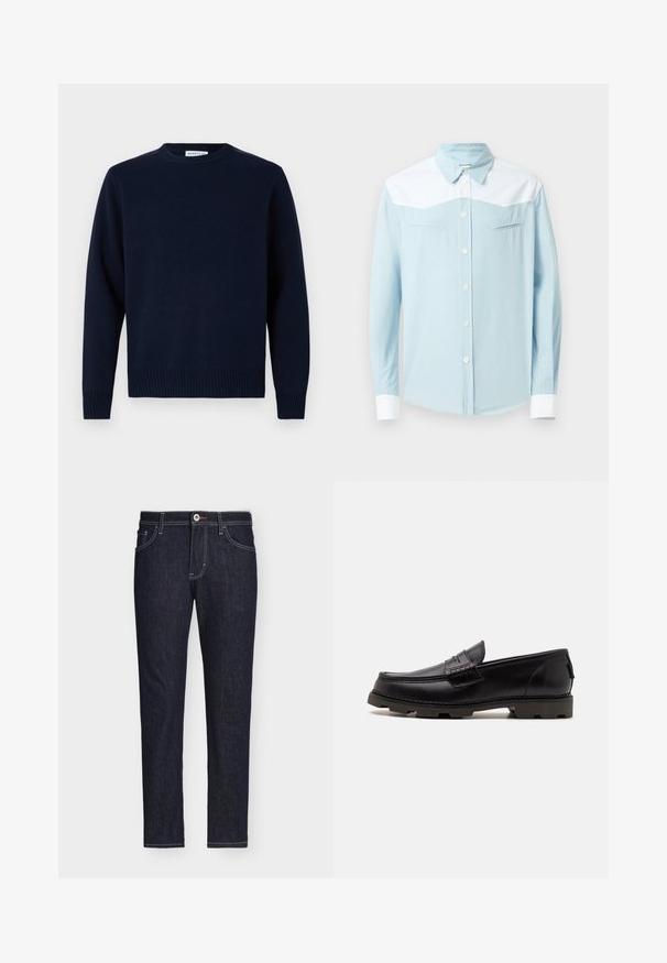 Marineblå trøje med rund halsudskæring, ribbede manchetter og kant. Fremstillet af blødt strikmateriale, med et simpelt og klassisk design.; Lyseblå skjorte med knapper, hvid skulderstykke og manchetter, spids krave og to vandret brystlommer med pil-formet syning.; Mørkeblå denim jeans med lige ben, forlommer, knaplukning og synlige hvide syninger.; Sorte læder loafers med rund tå, dekorativ syning og en tekstureret ydersål for bedre greb. Let hævet hæl.