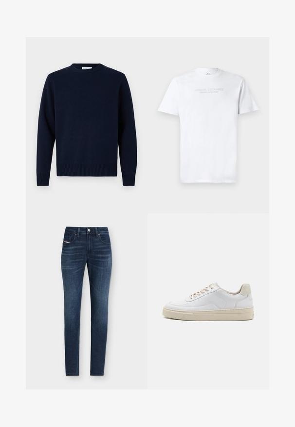 Marineblå trøje med rund halsudskæring, ribbede manchetter og kant. Fremstillet af blødt strikmateriale, med et simpelt og klassisk design.; Hvid bomulds T-shirt med rund halsudskæring, korte ærmer og prægede "ARMANI EXCHANGE MILANO/NEW YORK" logo på fronten.; Slim-fit mørkeblå denimjeans med klassisk design med fem lommer og diskrete falmede detaljer på lårene.; Hvide sneakers med en glat læderoverdel, beige snørebånd og en tekstureret beige ruskindsheel-tab. Hævet sål for ekstra højde.