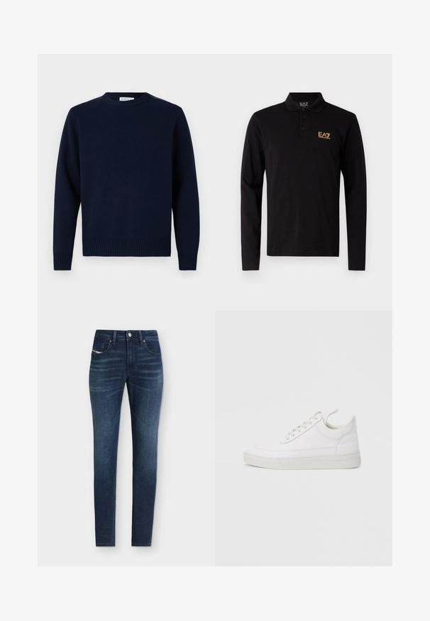 Marineblå trøje med rund halsudskæring, ribbede manchetter og kant. Fremstillet af blødt strikmateriale, med et simpelt og klassisk design.; Sort langærmet polo-shirt lavet af bomuld, med en tre-knaps placket og et kontrasterende gult broderet logo på brystet.; Slim-fit mørkeblå denimjeans med klassisk design med fem lommer og diskrete falmede detaljer på lårene.; Hvid lædersneaker med rundet tå, flad sål og snørebånd foran. Har syningsdetaljer og polstret krave for komfort.