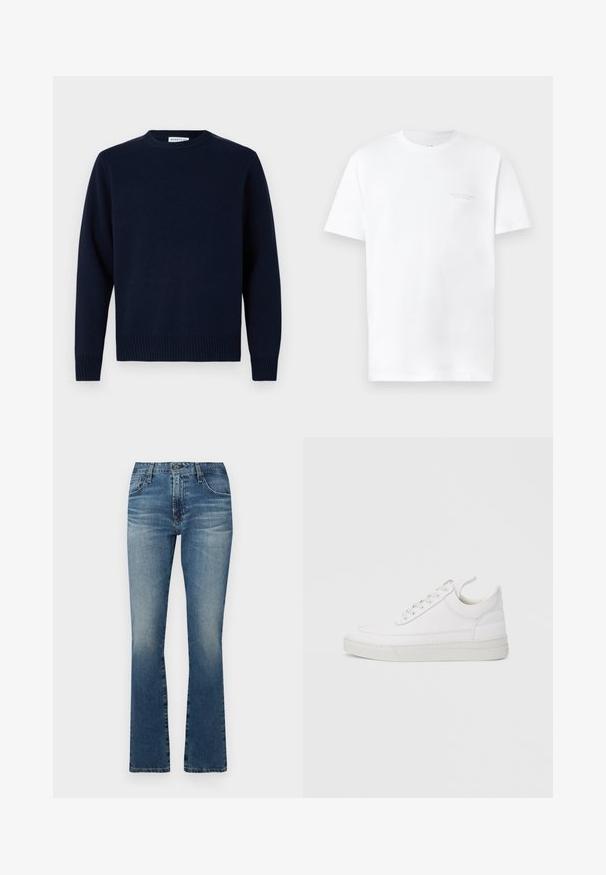Marineblå trøje med rund halsudskæring, ribbede manchetter og kant. Fremstillet af blødt strikmateriale, med et simpelt og klassisk design.; Hvid bomulds t-shirt med korte ærmer, rund halsudskæring, der har et diskret gråt logo print på venstre bryst og en glat overflade.; Denim flared jeans i mellemblå med en falmet finish, der har et klassisk fem-lomme design og metalhardware detaljer.; Hvid lædersneaker med rundet tå, flad sål og snørebånd foran. Har syningsdetaljer og polstret krave for komfort.