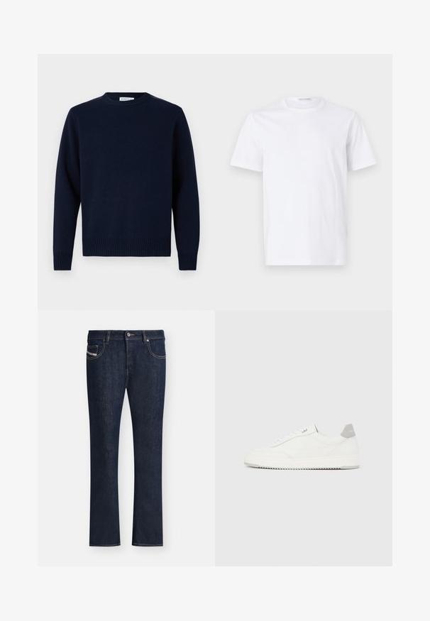 Marineblå trøje med rund halsudskæring, ribbede manchetter og kant. Fremstillet af blødt strikmateriale, med et simpelt og klassisk design.; Hvid bomulds t-shirt med rund halsudskæring og korte ærmer. Glat tekstur, lige snit og minimalistisk design uden mønstre eller accenter.; Mørkeblå lige denimjeans med forlommer, bæltestropper og knaplukning på hvid baggrund.; Hvid lavtop-sneaker med gråt hælflig, hvide snørebånd og tekstureret sål, vist på en ensfarvet lys baggrund.