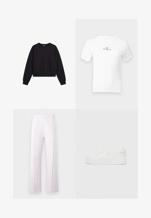 Sweat-shirt noir manches longues col rond avec poignets et ourlet côtelés, avec un petit logo "ck" sur la poitrine gauche.; T-shirt blanc à manches courtes et col rond avec petit logo "CK Calvin Klein Jeans" centré en noir et gris sur la poitrine.; Pantalon large couleur violet clair, avec une ceinture élastique et deux coutures verticales à l'avant. Tissu lisse avec un léger éclat.; Baskets plateformes blanches avec une tige en cuir lisse, bout arrondi, lacets blancs et un logo discret sur le côté. Semelle en caoutchouc plate.