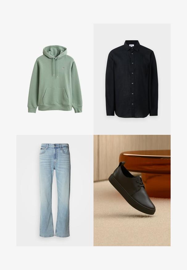 Sweat à capuche vert clair avec poche devant, capuche avec cordon réglable, poignets côtelés et petit logo brodé sur la poitrine.; Chemise noire à manches longues avec boutons et col, présentée à plat sur un fond blanc.; Jeans en denim bleu clair avec une coupe droite, dotés de cinq poches, d'une fermeture à bouton et d'une légère décoloration sur le tissu.; Baskets décontractées en cuir noir avec lacets, flottant au-dessus d'un tapis beige, avec une table en verre ambré arrondie en arrière-plan.