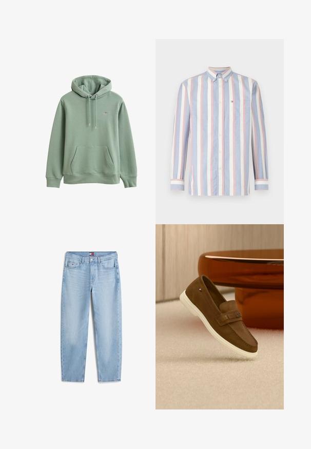 Sweat à capuche vert clair avec poche devant, capuche avec cordon réglable, poignets côtelés et petit logo brodé sur la poitrine.; Chemise boutonnée rayée en bleu, rose et blanc. Dotée d'un col, de manches longues et d'une poche poitrine avec un détail logo. Matière en coton.; Jean bleu clair évasé avec poches avant, passants de ceinture, fermeture par bouton et petit logo sur la poche avant droite.; Mocassin en daim marron avec semelle blanche et détail métallique, flottant au-dessus d'un tapis clair à côté d'un meuble rond marron brillant.