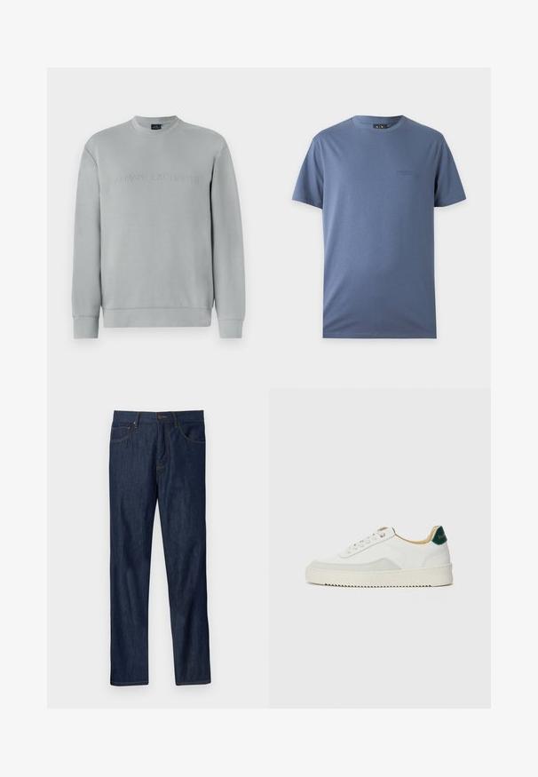 Harmaa sweatshirt, jossa on pyöreä kaula-aukko, ja edessä kohotettu "ARMANI EXCHANGE" -teksti sekä resorit hihansuissa ja helman kohdalla.; Yksivärinen sininen lyhythihainen t-paita pyöreällä kaula-aukolla ja pienellä hillityllä kirjotulla logolla vasemmassa rinnassa.; Tummansiniset suorat farkut, joissa etutaskut, vyölenkit ja nappisuljin, vaaleanharmaalla taustalla.; Valkoiset tennarit, joissa on nahkaosia, pyöreä kärki, tasaiset nauhat ja kermaisa kumi-pohja. Takana vihreä brändäys.