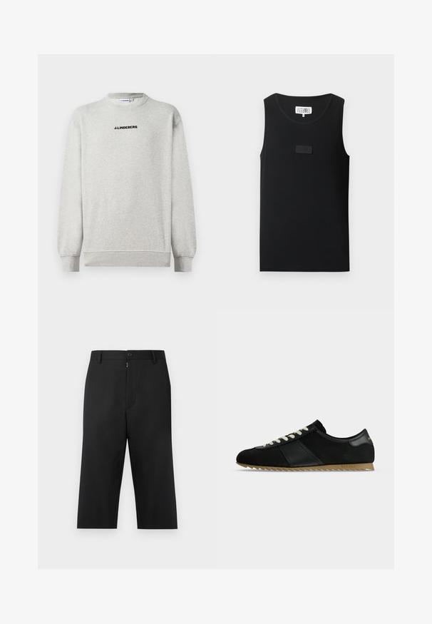 Lys grå langærmet crewneck sweatshirt med ribstrikkede manchetter og kant, der har sort "J.LINDEBERG" tekst centreret på brystet.; Sort ærmeløs tanktop med rund halsudskæring og lille rektangulært mærke på brystet, lagt fladt på en hvid baggrund.; Svarte korte bukser lavet af et glat stof, med lynlås og knaplukning foran, bæltestropper og sidelommer.; Sort lavtop sneakers med hvide snørebånd, tekstureret brun sål og læderdetaljer mod en ensfarvet grå baggrund.