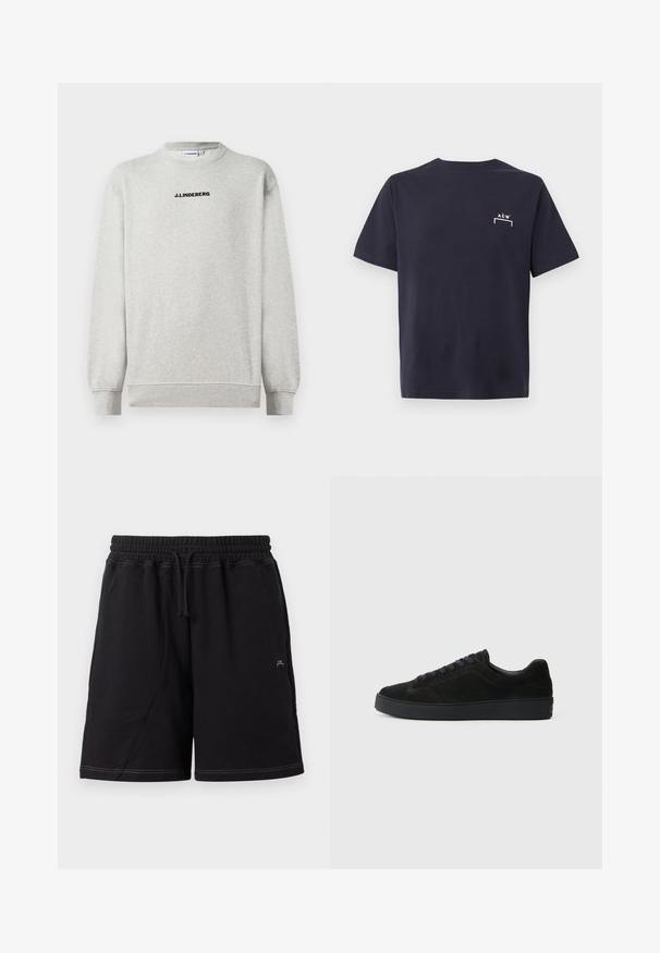 Lys grå langærmet crewneck sweatshirt med ribstrikkede manchetter og kant, der har sort "J.LINDEBERG" tekst centreret på brystet.; Sort kortærmet bomulds T-shirt med en lille hvid ACW-logo og rektangulær kant på venstre bryst.; Sorte knælange shorts med elastisk linning, justerbar snøre, sidelommer og hvide kontrastsyninger.; Sort semsket sneakers med en flad, tekstureret sål, rund tå, seks snørrehuller og et minimalistisk design.