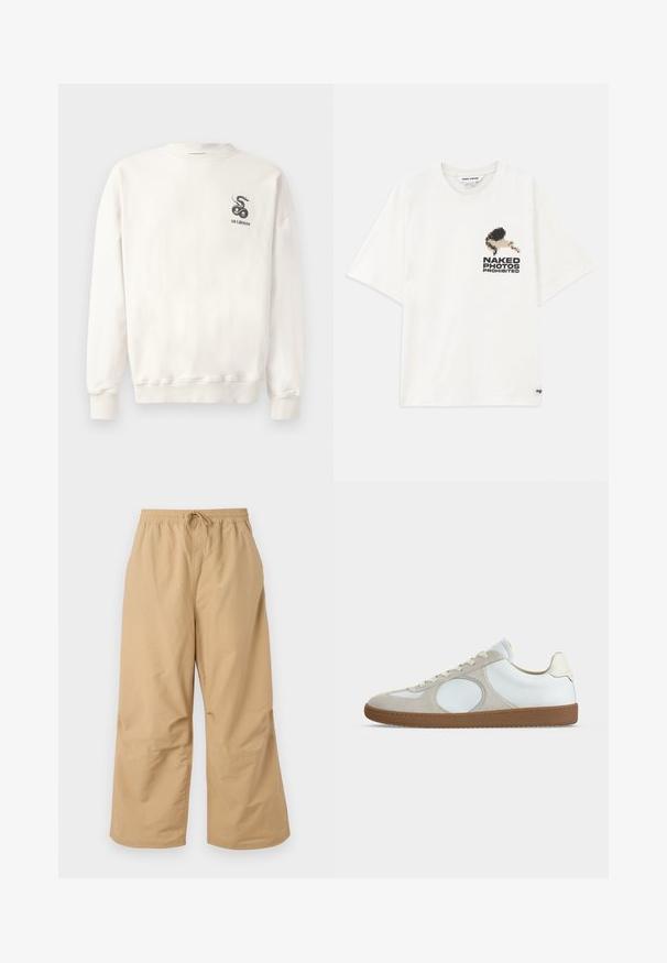 Sudadera blanca de algodón con cuello redondo, puños y dobladillo acanalados, que presenta un gráfico de serpiente negra y el texto "HAN KJØBENHAVN" en el pecho.; Camiseta de algodón blanca con un gráfico pixelado de una figura y un texto que dice "FOTOS DESNUDAS PROHIBIDAS" en el lado izquierdo. Mangas cortas.; Pantalones de pierna ancha beige, hechos de tela ligera, con una cintura elástica y cordón, y detalles cosidos cerca del dobladillo.; Zapatilla casual de perfil bajo con parte superior de cuero blanco, detalles en ante beige claro, punta redonda, cordones blancos y suela de goma natural.