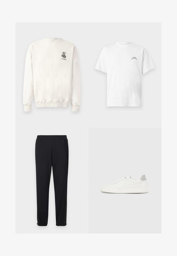 Witte katoenen sweatshirt met ronde hals, ribgebreide mouwen en onderrand, met een zwarte slangafbeelding en de tekst "HAN KJØBENHAVN" op de borst.; Witte katoenen T-shirt met korte mouwen en klein zwart "A C W"-logo en haakjesontwerp op de linkerborst.; Zwarte sportbroek met een elastische tailleband, taps toelopende boorden en drie verticale strepen langs de zijkanten. Gemaakt van lichtgewicht stof.; Witte lage sneaker met grijze hielpatch, witte veters en een gestructureerde zool, gepresenteerd op een effen lichte achtergrond.