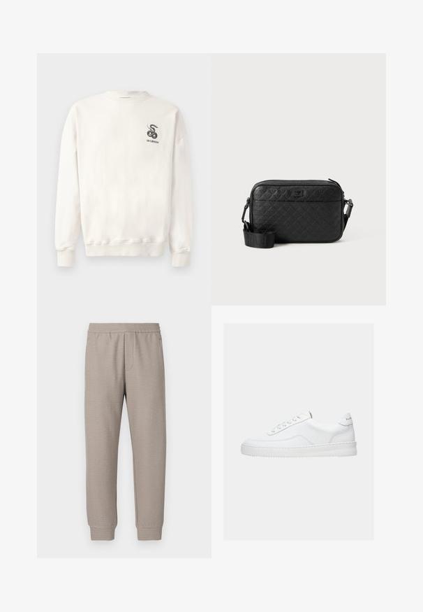 Sudadera blanca de algodón con cuello redondo, puños y dobladillo acanalados, que presenta un gráfico de serpiente negra y el texto "HAN KJØBENHAVN" en el pecho.; Pantalones deportivos beige con corte cónico, confeccionados en una tela suave con cinturilla elástica y un sutil patrón texturizado en toda la prenda. Diseñados para brindar comodidad y versatilidad.; Zapatilla deportiva blanca de corte bajo con diseño con cordones, parte superior de cuero liso y suela gruesa, vista de lado sobre un fondo liso.; Bolso crossbody negro de textura con patrón geométrico en relieve y correa ajustable que presenta el logotipo de la marca.