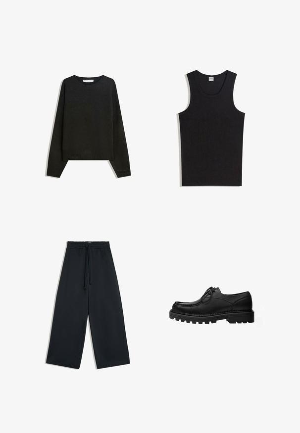 Sort striktrøje med rund halsudskæring, ribbede manchetter og nederste kant. Designet er rummeligt med dropped shoulders for en afslappet pasform.; Sort tanktop lavet af bomuld med rund halsudskæring og ærmeløs design. Glat tekstur uden synlige mønstre eller accenter.; Sorte bukser med vide ben med elastisk talje og snøre foran, vist på en hvid baggrund.; Sort læder snøresko med tyk, robust sål og detaljerede syninger på oversiden, designet til formelt eller afslappet brug.