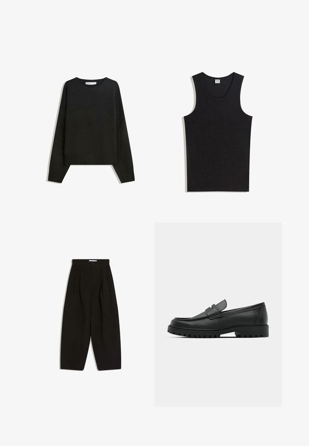 Sort striktrøje med rund halsudskæring, ribbede manchetter og nederste kant. Designet er rummeligt med dropped shoulders for en afslappet pasform.; Sort tanktop lavet af bomuld med rund halsudskæring og ærmeløs design. Glat tekstur uden synlige mønstre eller accenter.; Sorte bukser med vide ben lavet af blødt stof, med plisseret front, knaplukning og sidelommer for ekstra funktionalitet.; Sorte læder loafers med rund tå, der har et syet design, lav platformssål og en struktureret, skridsikker gummisål.