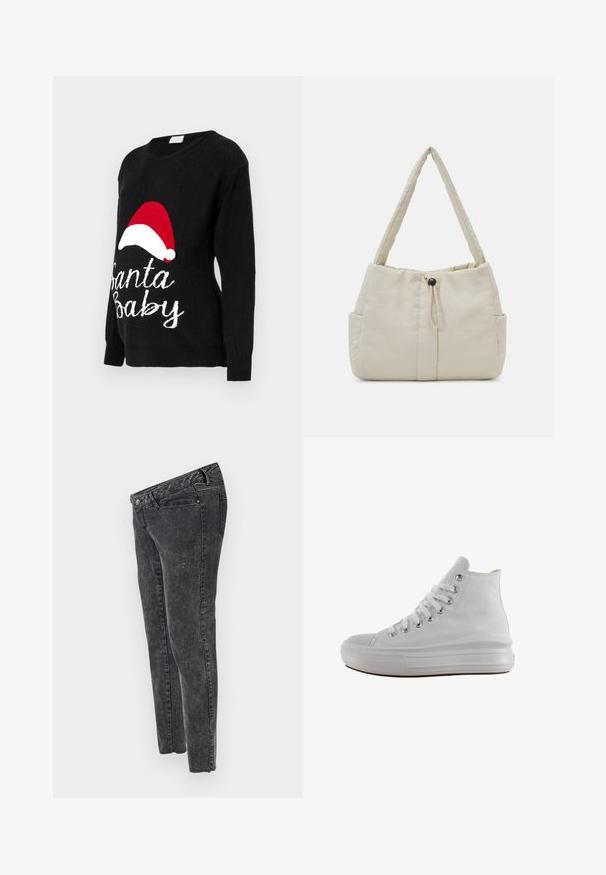 Must mustriga mustriga, millel on pikad varrukad, sisaldab punast jõuluvana mütsi ja valget "Santa Baby" teksti, mis on kudumisega esiküljel.; MAMALICIOUS Slim fit Mid waist Raw hems - Liibuvad teksad - grey denim; Valged kõrged teksakingad valgete paelte, metallist aukudega, paksu kummist tallaga ja tekstureeritud varbaküljega, suunatud vasakule valgel taustal.; Even&Odd by Zalando Käekott - off-white