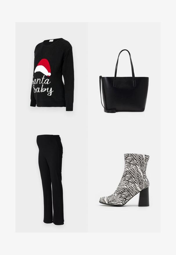 Čierny pletený sveter s dlhými rukávmi, so zapletenou červenou čapicou Santa a bielym textom "Santa Baby" na prednej strane.; ONLY MATERNITY OLMHALLE - Nohavice - black; Even&Odd Klasické členkové čižmy - black; Čierna kožená taška na rameno s dvoma dlhými rúčkami, štruktúrovaným tvarom, hladkou textúrou a odnímateľným ramenným popruhom. Jemný detail s logom.