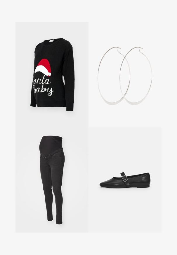 Sort strikket sweater med lange ærmer, med en rød juleslædehat og hvid "Santa Baby" tekst strikket på forsiden.; Sorte graviditetsjeans med en blød, strækbar talje, slim-fit design og to frontlommer. Fremstillet af denim med en glat overflade.; Sorte læder flade sko med rund tå, et enkelt justerbart spænde og en glat, blank overflade. Minimalistisk design med en lav hæl.; Sølv hoops øreringe med et tyndt, glat design; langstrakt oval form; poleret finish; har en sikker krog lukning.