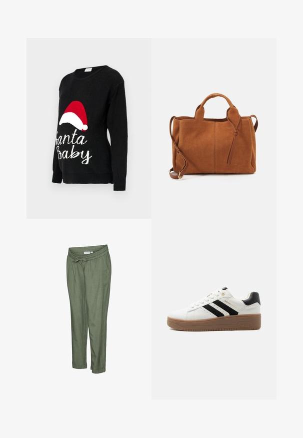 Sort strikket sweater med lange ærmer, med en rød juleslædehat og hvid "Santa Baby" tekst strikket på forsiden.; Letvægtsbukser i olivengrøn med en afslappet pasform. Har elastisk talje med snøre, opbukket kant og sidelommer.; Hvid lavsko med sorte striber, brun gummiydersål, snørelukning foran og polstret sort hælkappe.; Brun ruskind tote taske med doble håndtag og en aftagelig skulderrem. Har et enkelt design og to lodrette syninger på forsiden.