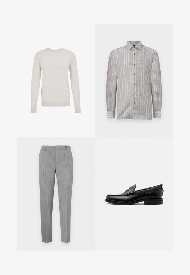 Suéter de punto crema, cuello redondo, mangas largas, puños y dobladillo acanalados. Textura suave, diseño sencillo y material ligero.; Camisa de manga larga para hombre en gris claro, con un patrón de cuadrícula y acentos oscuros, tapeta de botones y un collar clásico. Textura textil suave.; Pantalones a rayas grises con un ajuste entallado, frente plano y bolsillos laterales. Fabricados con una tela suave y un brillo sutil.; Mocasín de hombre de piel negra con costura moc toe, tira penny, cuello texturizado y tacón bajo apilado sobre fondo blanco.