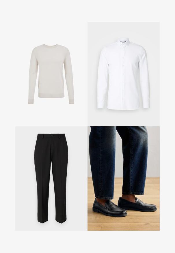 Crème gebreide trui, ronde hals, lange mouwen, geribde manchetten en zoom. Zachte textuur, eenvoudig ontwerp en lichtgewicht materiaal.; Witte lange mouw dress shirt gemaakt van soepel stof, met een puntige kraag en een knoopsluiting aan de voorkant. Geen patronen of versieringen.; Zwarte broeken van soepele stof, met een rechte pijpconstructie, vo pockets, een enkele knoopsluiting en geen zichtbare patronen.; Zwarte leren instappers met gestikte details en textuurelementen, gedragen met donkerdenim, die een casual en gestroomlijnd ontwerp tonen.