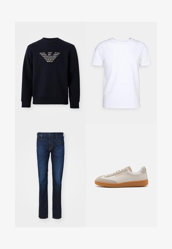 Marineblauwe sweatshirt met ronde hals en lange mouwen, voorzien van een gemarmerd adelaarslogo met de initialen "GA" gecentreerd op de borst.; Witte katoenen t-shirt met korte mouwen en een ronde hals. Eenvoudig ontwerp zonder patronen of accenten. Glad textuur.; AG Jeans TELLIS MODERN - Slim fit jeans - viper; Witte en beige lage sneakers met een gumrubberen zool, witte veters, suède details en een gouden "Paul Smith" logo aan de zijkant.