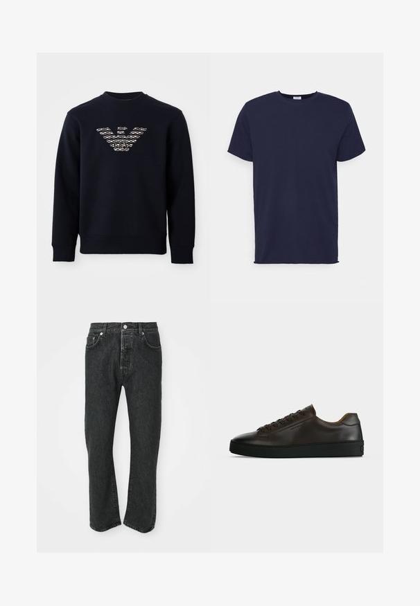 Marineblauwe sweatshirt met ronde hals en lange mouwen, voorzien van een gemarmerd adelaarslogo met de initialen "GA" gecentreerd op de borst.; Navyblauwe T-shirt met korte mouwen van zachte stof. Heeft een ronde hals en een rechte snit zonder patronen of accenten.; Zwarte rechte denim jeans met een sluiting aan de voorkant met knoop en rits, met zichtbare voor- en achterkantzakken op een witte achtergrond.; Low-profile donkerbruine leren sneaker met zwarte rubberen zool, veters aan de voorkant en een strak minimalistisch design op een lichte achtergrond.