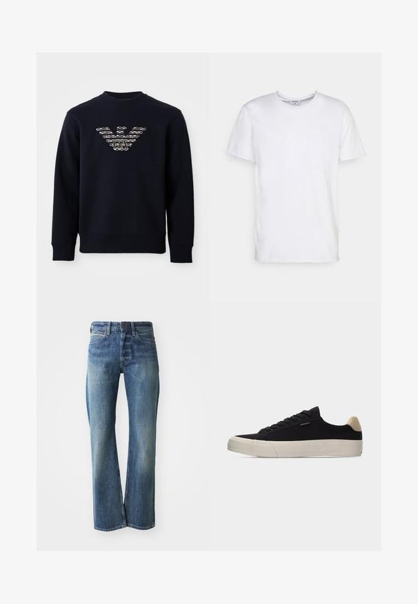Marineblå crewneck sweatshirt med lange ærmer, der har et mønstret ørnelogo med "GA" initialer centreret på brystet.; Hvid kortærmet t-shirt lavet af bomuld. Har en rund halsudskæring og en afslappet pasform uden synlige mønstre eller detaljer.; Denim jeans med en lys til mellemblå farve, lige ben skæring, klassisk fem-lommer design og subtil falmning foran.; Sort lavsko med beige hælkappe, tyk hvid gummisål, sorte snørebånd og lille "PS Paul Smith" mærke på siden.