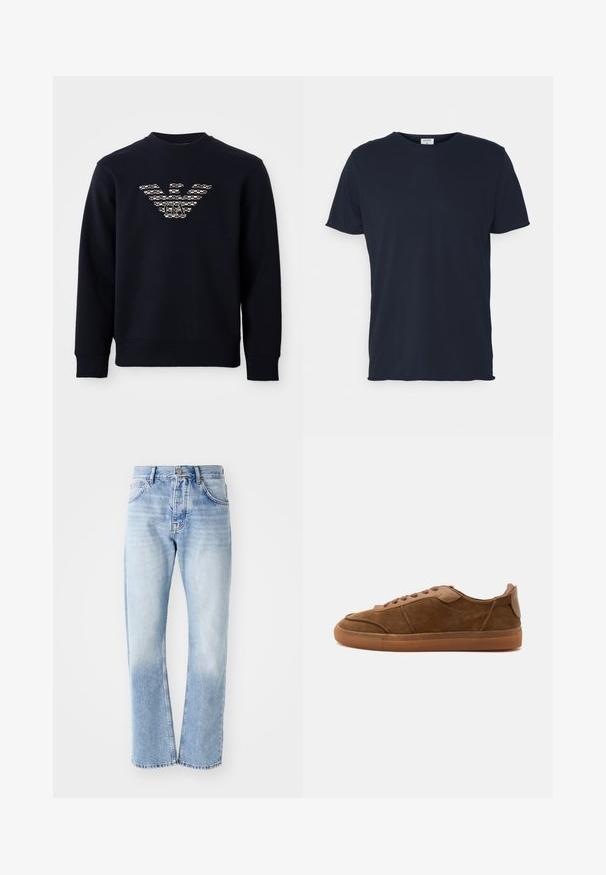 Marineblaues Crewneck-Sweatshirt mit langen Ärmeln, das ein gemustertes Adler-Logo mit den Initialen "GA" in der Mitte der Brust zeigt.; Marineblaue Baumwoll-T-Shirt mit Rundhalsausschnitt und kurzen Ärmeln, mit einer glatten Oberfläche und einfachem Design, ohne sichtbare Muster oder Akzente.; Helle blaue Jeans mit geradem Schnitt. Verfügt über ein Fünf-Taschen-Design, einen Knopfverschluss und eine ausgewaschene Textur zum unteren Bereich hin.; Brauner Wildleder-Low-Top-Sneaker mit passenden Schnürsenkeln und Gummisohle, von der Außenseite vor schlichtem Hintergrund gezeigt.