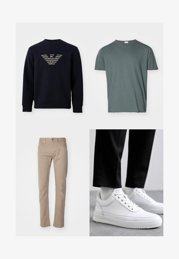 Marineblauwe sweatshirt met ronde hals en lange mouwen, voorzien van een gemarmerd adelaarslogo met de initialen "GA" gecentreerd op de borst.; Donkergroen T-shirt met ronde hals, korte mouwen, zacht materiaal, relaxed fit, gladde textuur, geen zichtbare patronen of accenten.; Beige katoenen rechte jeans met knoopsluiting, vijf zakken en een gladde textuur met minimale stikdetails.; Witte leren sneakers met een platte rubberen zool, met een soepele afwerking, ronde neus en metalen oogjes voor de veters. Draag ze met een zwarte broek.