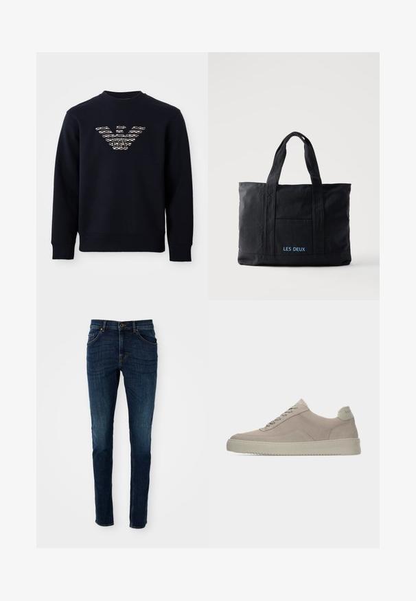 Marineblauwe sweatshirt met ronde hals en lange mouwen, voorzien van een gemarmerd adelaarslogo met de initialen "GA" gecentreerd op de borst.; Donkerblauwe denim jeans met een slim fit, gestructureerd ontwerp, vijf-pocketstijl en lichte vervagingdetails langs de benen en naden.; Beige suède sneakers met een gestructureerde afwerking, ronde neus en tonale veters. Voorzien van een dikke rubberen zool en subtiele branding op de hiel.; Zwarte canvas tote bag met twee handvatten, een voorvak en "LES DEUX" in blauw geborduurd op het voorvak.