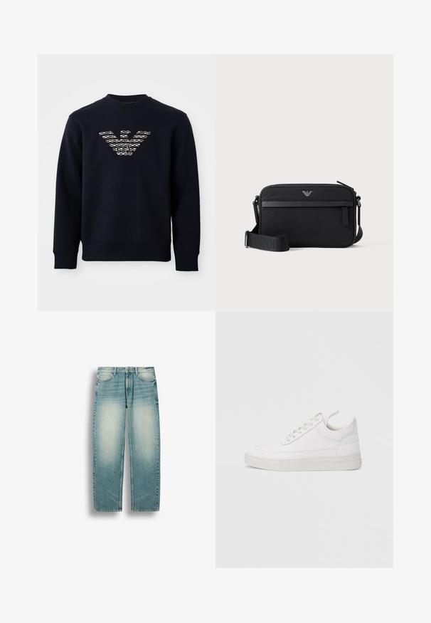 Marineblå crewneck sweatshirt med lange ærmer, der har et mønstret ørnelogo med "GA" initialer centreret på brystet.; Lyseblå straight-leg denimjeans med falmede områder på lårene, forlommer, bæltestropper og knaplukning ved taljen.; Hvid lædersneaker med rundet tå, flad sål og snørebånd foran. Har syningsdetaljer og polstret krave for komfort.; Sort rektangulær crossbody-taske med lynlåslomme foran, justerbar rem og lille metallogo øverst i midten.