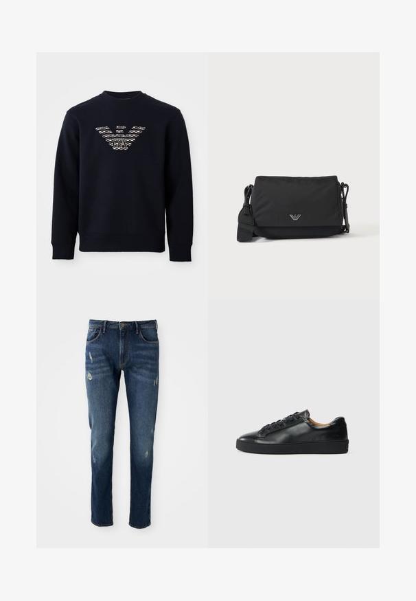 Marineblå crewneck sweatshirt med lange ærmer, der har et mønstret ørnelogo med "GA" initialer centreret på brystet.; Mørkeblå denimjeans med slim fit, let slid på lår og knæ, klassisk fem-lomme design og knaplukning.; Sorte lædersneakers med en glat overflade, rund tå og snørebåndslukning. Har en tyk gummisål og minimal branddetalje.; Sort crossbody taske med justerbar rem og lille sølv logoemblem på frontklap, vist på ensartet lyst baggrund.