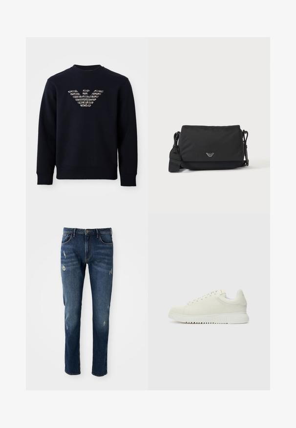 Marineblå crewneck sweatshirt med lange ærmer, der har et mønstret ørnelogo med "GA" initialer centreret på brystet.; Mørkeblå denimjeans med slim fit, let slid på lår og knæ, klassisk fem-lomme design og knaplukning.; Hvide lædersneakers med struktureret overdel, rund tå, flad hvid sål og tonede snørebånd. Subtil branding på tungen.; Sort crossbody taske med justerbar rem og lille sølv logoemblem på frontklap, vist på ensartet lyst baggrund.