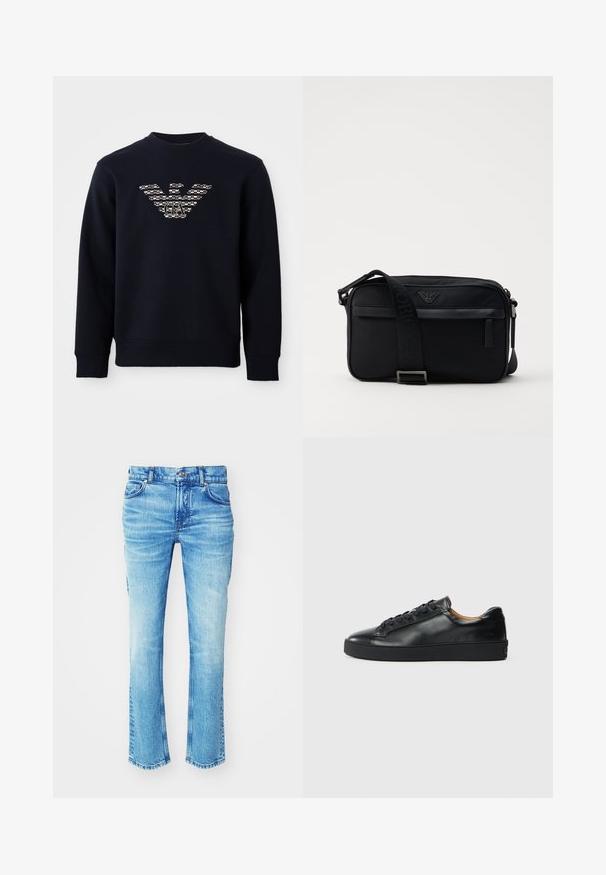 Marineblå crewneck sweatshirt med lange ærmer, der har et mønstret ørnelogo med "GA" initialer centreret på brystet.; Blå denimjeans med en størkningsvask, lige ben-design og rå kant. Har fem lomme-styling og metalknapdetaljer.; Sorte lædersneakers med en glat overflade, rund tå og snørebåndslukning. Har en tyk gummisål og minimal branddetalje.; Sorte nylon skuldertaske med en kontrasterende rem, slank rektangulær form, logo detaljer og en lynlåslomme på forsiden.