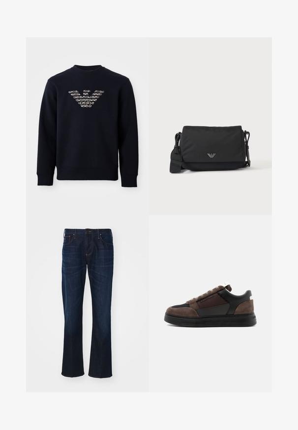 Marineblå crewneck sweatshirt med lange ærmer, der har et mønstret ørnelogo med "GA" initialer centreret på brystet.; Mørkeblå denimjeans med lige pasform, fem-lomme design og markante syninger. Stoffet har en glat tekstur.; Brun og sort lavtop sneaker med ruskind og mesh paneler, sort sål og Emporio Armani logo på siden.; Sort crossbody taske med justerbar rem og lille sølv logoemblem på frontklap, vist på ensartet lyst baggrund.