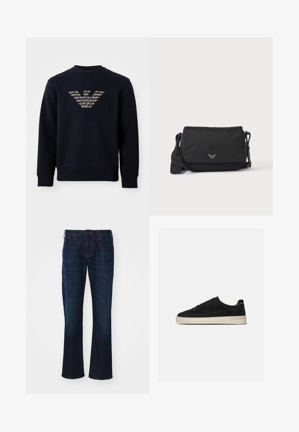 Marineblauwe sweatshirt met ronde hals en lange mouwen, voorzien van een gemarmerd adelaarslogo met de initialen "GA" gecentreerd op de borst.; Donkerblauwe spijkerbroek met een rechte pasvorm, vijf zakken en opvallende stikdetails. De stof heeft een gladde textuur.; Zwarte suède lage sneaker met zwarte veters en witte rubberen zool, zijaanzicht op een effen lichtgrijze achtergrond.; Zwarte crossbodytas met verstelbare band en klein zilverkleurig logo-embleem op de voorflap, afgebeeld op een effen lichte achtergrond.