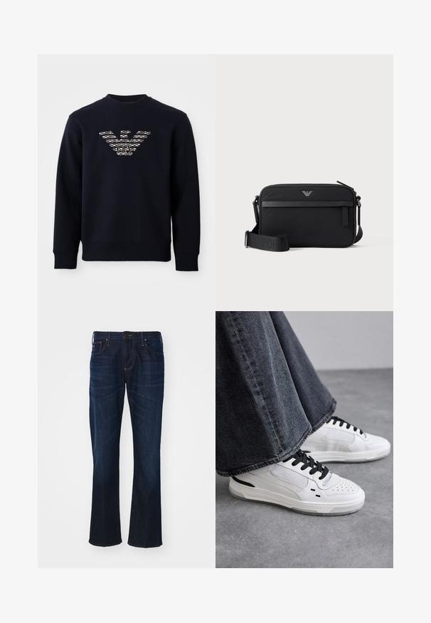 Marineblå crewneck sweatshirt med lange ærmer, der har et mønstret ørnelogo med "GA" initialer centreret på brystet.; Mørkeblå denimjeans med lige pasform, fem-lomme design og markante syninger. Stoffet har en glat tekstur.; Hvide sneakers med sorte snørebånd og mesh-detaljer. Har en glat læderoverdel og en tekstureret gummisål. Bæres sammen med brede grå jeans.; Sort rektangulær crossbody-taske med lynlåslomme foran, justerbar rem og lille metallogo øverst i midten.