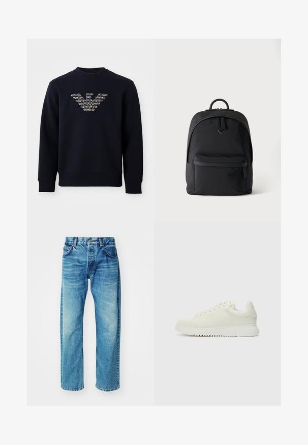 Marineblauwe sweatshirt met ronde hals en lange mouwen, voorzien van een gemarmerd adelaarslogo met de initialen "GA" gecentreerd op de borst.; Blauwe denim jeans met een ontspannen pasvorm, voorzien van vijf zakken, een knopenfly, subtiele vervaging en een licht afgeknipte zoom.; Witte leren sneaker met een textuur bovenkant, ronde neus, vlakke witte zool en tonale veters. Subtiele branding op de tong.; Zwarte rugzak met een voorvak met rits, hoofdvak met dubbele rits en een klein metalen logo onder de hoofdritsgrepen.